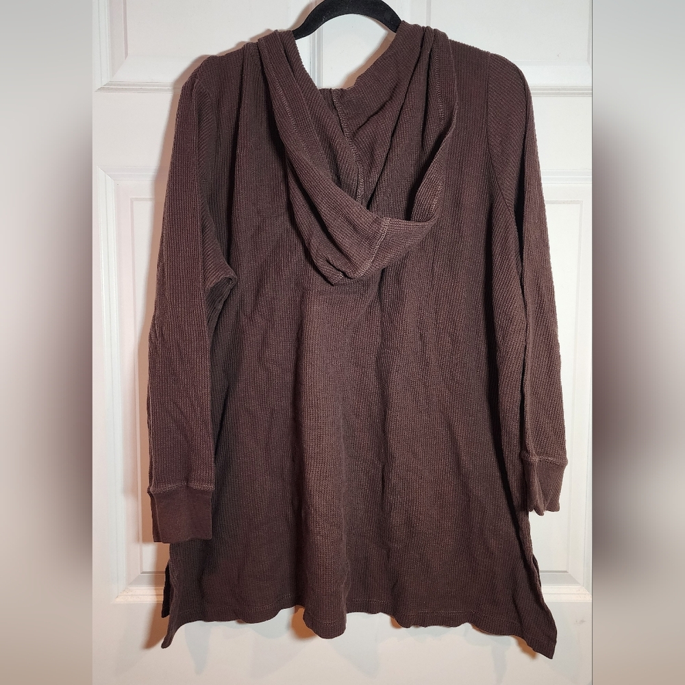 Woman Within Brown Waffle Knit Hooded Sweater with Lace-Up Detail 1X (22/24) - Picture 4 of 4